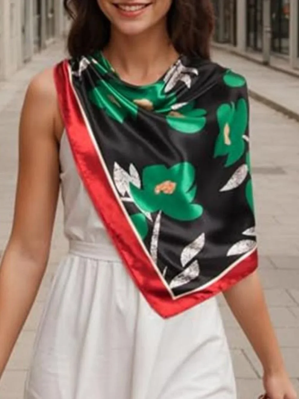 Silky Feel Head Scarf Red Green Black Elegant Square Scarf for Summer